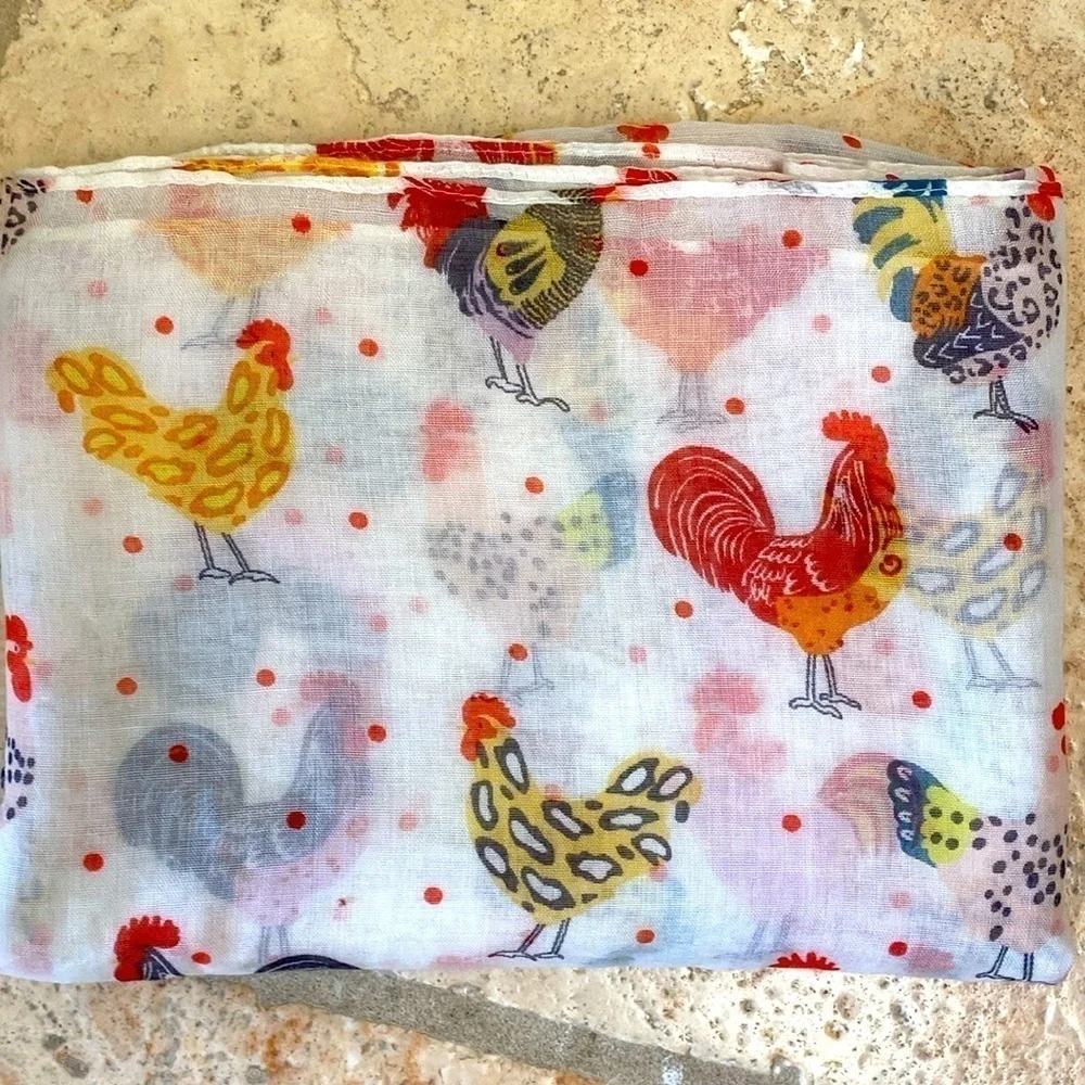 Rooster Hens Scarf Womens Novelty Print Birds Garden Red/White/Gold Sheer 72’